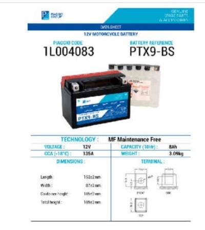 [1L004083] BATTERIA PTX9-BS (12V, 8AH